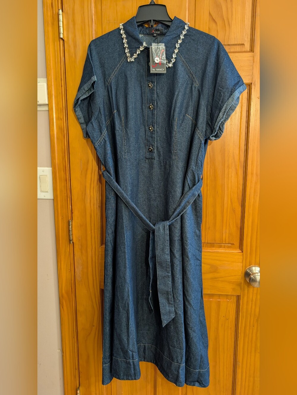 Beaded Collar Dark Denim Dress
